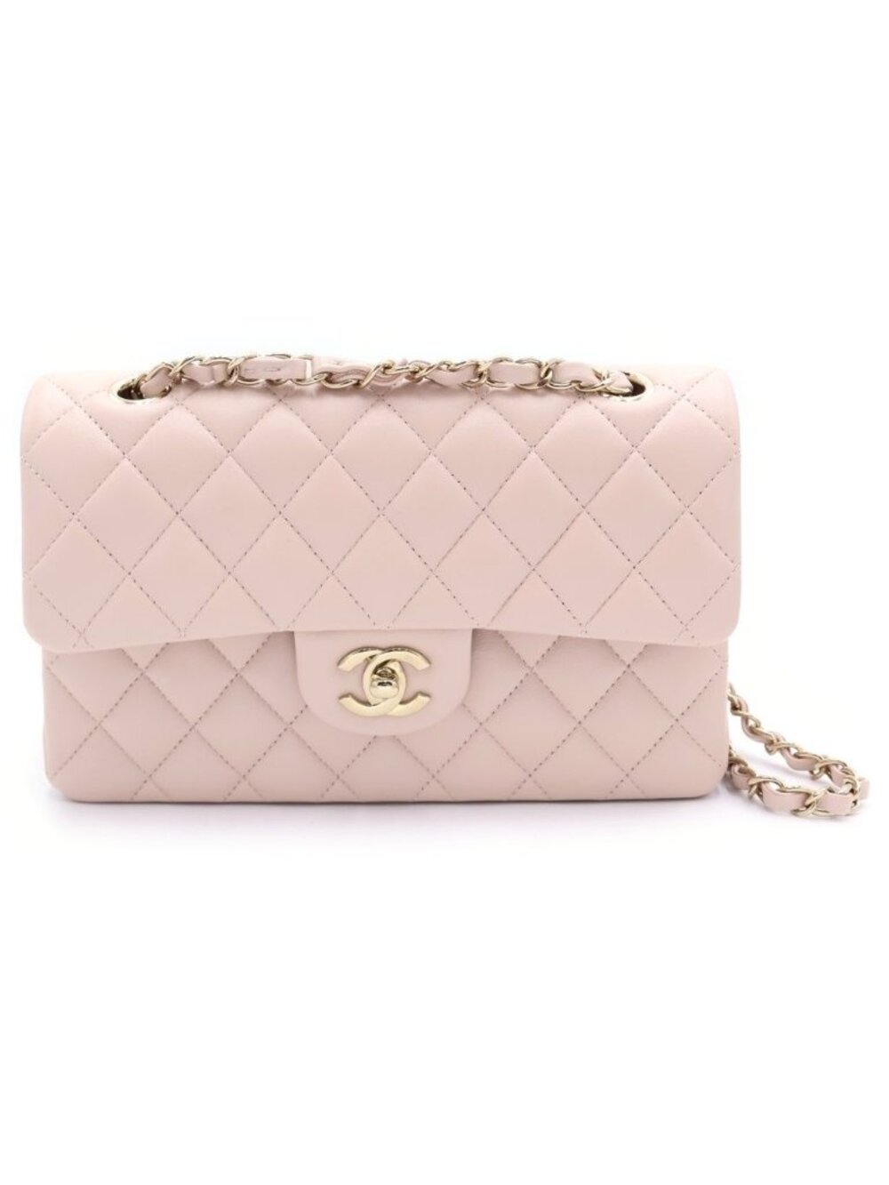 Chanel Quilted 23 Double Flap Chain Shoulder Bag Lambskin Gold Pink Plate